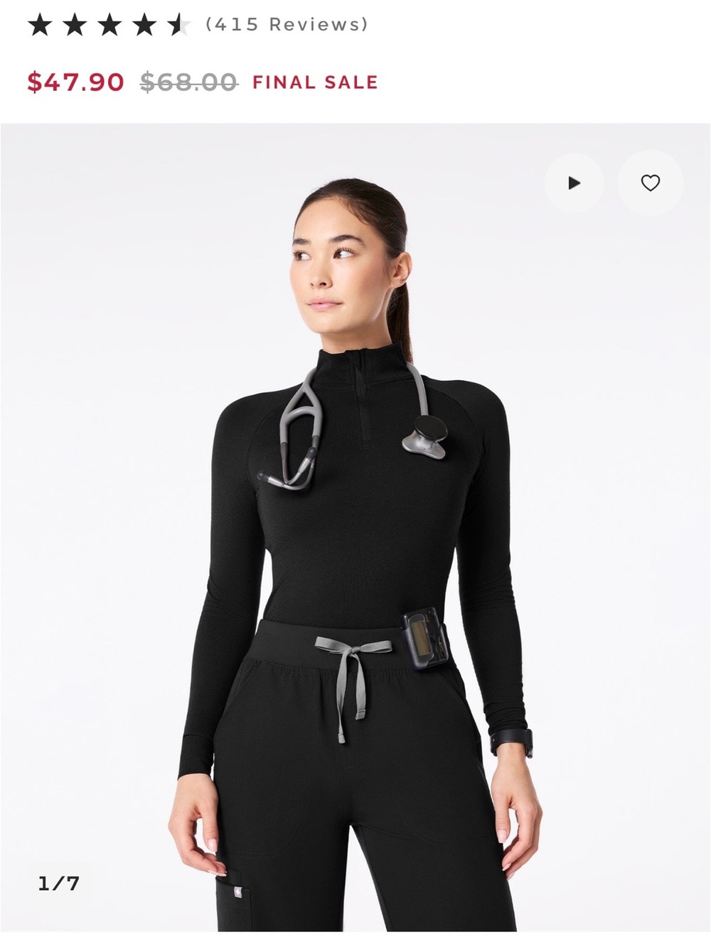 NWT FIGS Women’s Black Quarter-Zip Long Sleeve Top -Lg